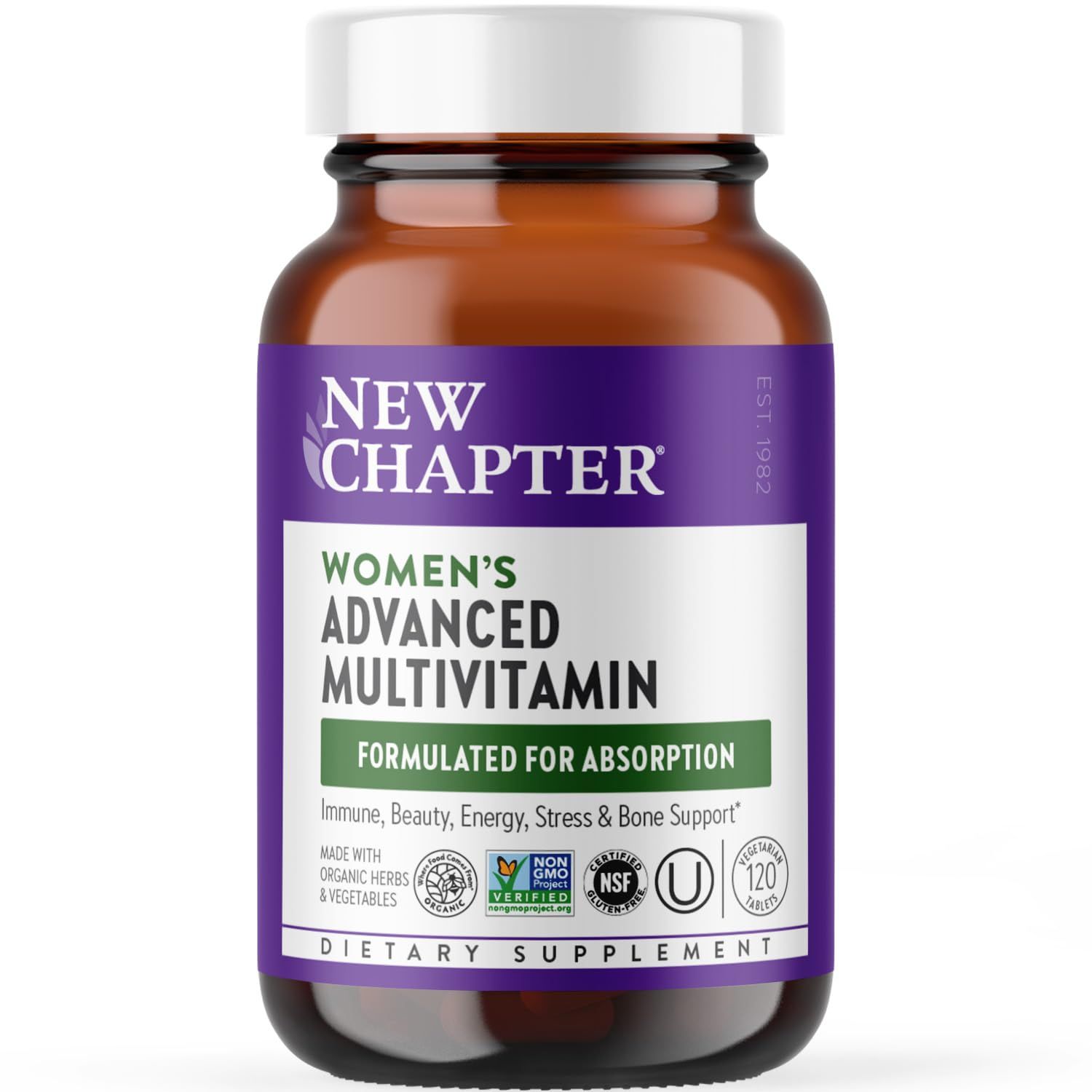 New Chapter Women&#39;s Multivitamin Advanced Formula for Stress, Bone, Immune, Beauty &amp; Energy Support, Higher Levels of Whole-Food Fermented Essential Nutrients for Women + Iron + Vitamin D3, 120 Count