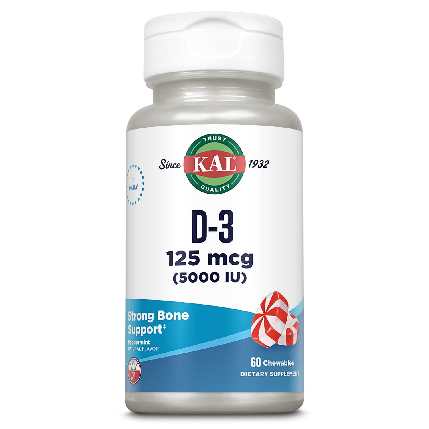 KAL Vitamin D3 5000 IU 125 mcg, High Potency Vitamin D Chewables, Calcium Absorption, Bone Health and Immune Support Supplement, Natural Peppermint Flavor, 60-Day Guarantee, 60 Servings, 60 Chews