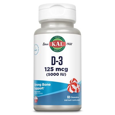 KAL Vitamin D3 5000 IU 125 mcg, High Potency Vitamin D Chewables, Calcium Absorption, Bone Health and Immune Support Supplement, Natural Peppermint Flavor, 60-Day Guarantee, 60 Servings, 60 Chews