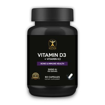 Klever Lifestyle | Vitamin D3 &amp; K2 | Supplement for Bone, Joint &amp; Immune Health, Mood Support, Antioxidant, Strong Bones | 60 Capsules | 5000 UI per Serving