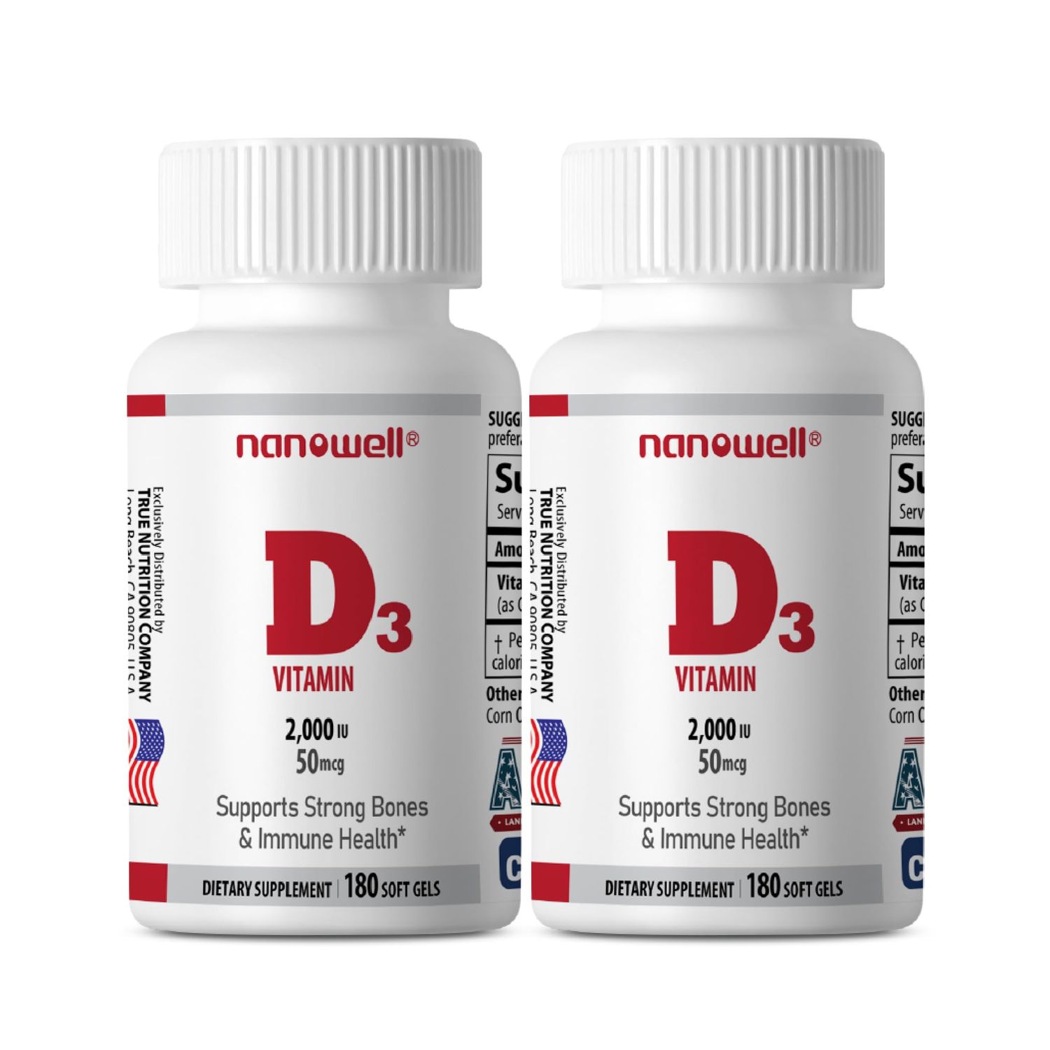 NANOWELL Vitamin D3 2000 IU 180 Softgels X 2 Bottles - Immune Support Supplement (360 Count)