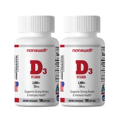 NANOWELL Vitamin D3 2000 IU 180 Softgels X 2 Bottles - Immune Support Supplement (360 Count)