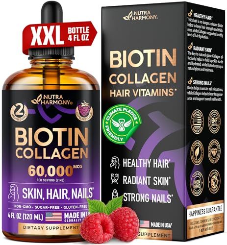 Liquid Biotin &amp; Collagen - Vitamins for Hair Growth Support for Women &amp; Men - Extra Strength 60000 mcg Drops - B7 Supplement - Strong Nails &amp; Healthy Skin - 98% Faster Absorption Than Pills