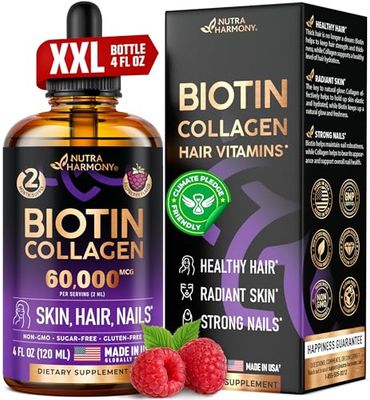 Liquid Biotin &amp; Collagen - Vitamins for Hair Growth Support for Women &amp; Men - Extra Strength 60000 mcg Drops - B7 Supplement - Strong Nails &amp; Healthy Skin - 98% Faster Absorption Than Pills