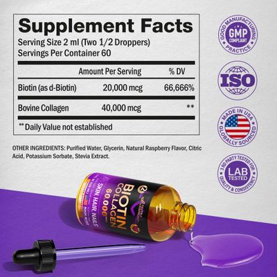 Liquid Biotin &amp; Collagen - Vitamins for Hair Growth Support for Women &amp; Men - Extra Strength 60000 mcg Drops - B7 Supplement - Strong Nails &amp; Healthy Skin - 98% Faster Absorption Than Pills
