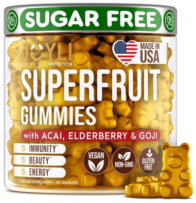 Joyli Superfruit Gummies - Sugar-Free Fruit Multivitamin Gummies for Adults - Natural Gummy Vitamins for Women &amp; Men with Goji, Elderberry, Vitamins A, C, D &amp; E - Supports Immunity, Digestion &amp; Energy