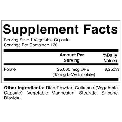 Vitamatic Methyl Folate 15mg - 120 Vegetable Capsules - Optimized and Activated High Potency - Metabolically Active Folate