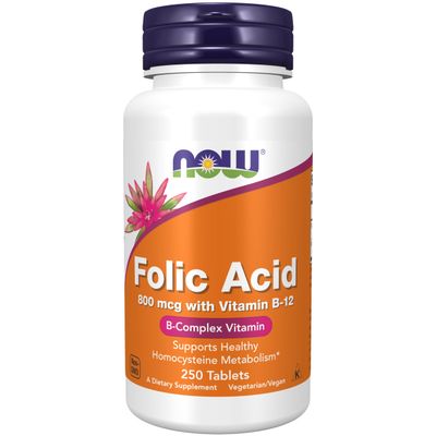 NOW Foods Supplements, Folic Acid 800 mcg + B-12 (Cyanocobalamin) 25 mcg, B Complex Vitamin, 250 Tablets