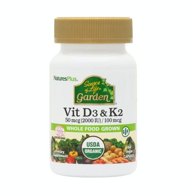 Natures Plus Source of Life Garden Vitamin D3 &amp; K2-60 Vegan Capsules - Promotes Bone Support, Immune Function, Cardiovascular Health &amp; Mood Balance - Vegan, Gluten Free - 60 Servings