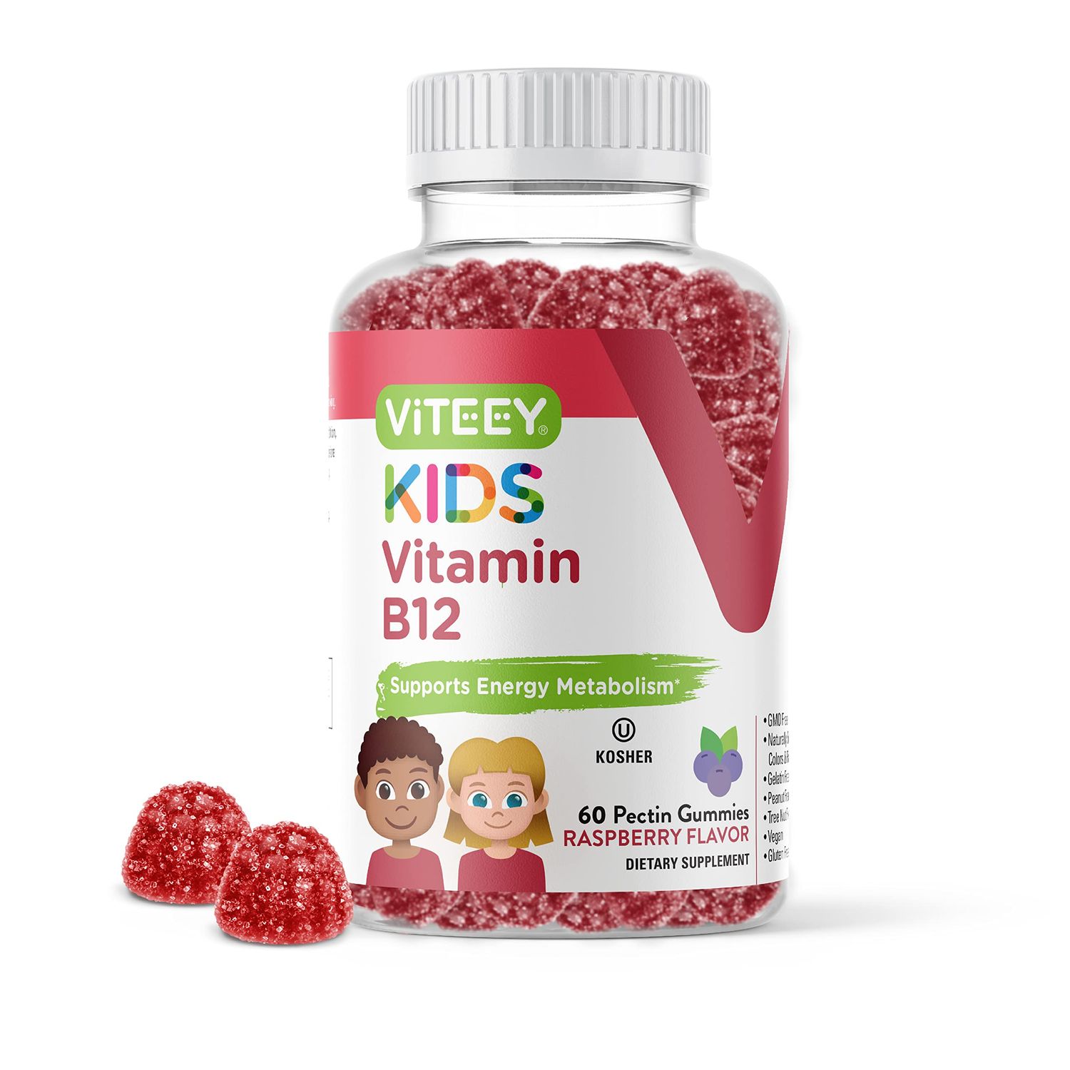 Vitamin B12 for Kids Gummies, 1000mcg - Metabolism, Natural Energy Support - Vegan, Gelatin Free, Gluten Free, GMO Free - Tasty Chewable B12 Raspberry Flavored Gummy