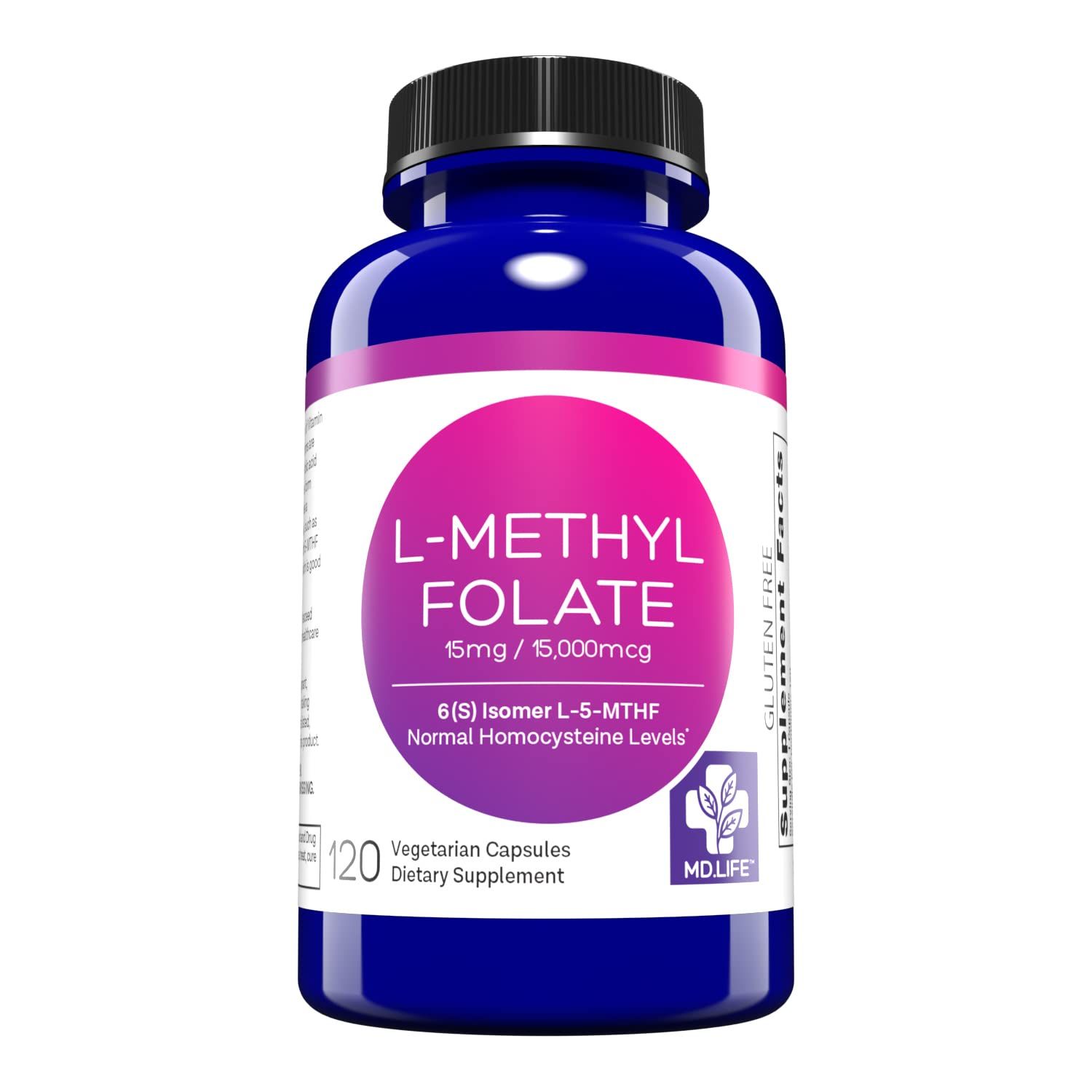 MD Life L Methylfolate 15mg - Professional-Grade Active Methylfolate Supplement - Maximum Potency MTHFR Supplements - L-methylfolate 15 mg 120 Capsules - Essential Amino Acids