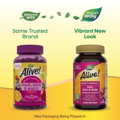 Nature's Way Alive! Hair, Skin & Nails Premium Gummies, Beauty Formula*, with Collagen, Biotin, Vitamins C & E, Strawberry Flavored, 60 Gummies (Packaging May Vary)