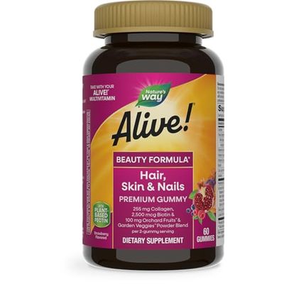 Nature&#39;s Way Alive! Hair, Skin &amp; Nails Premium Gummies, Beauty Formula*, with Collagen, Biotin, Vitamins C &amp; E, Strawberry Flavored, 60 Gummies (Packaging May Vary)