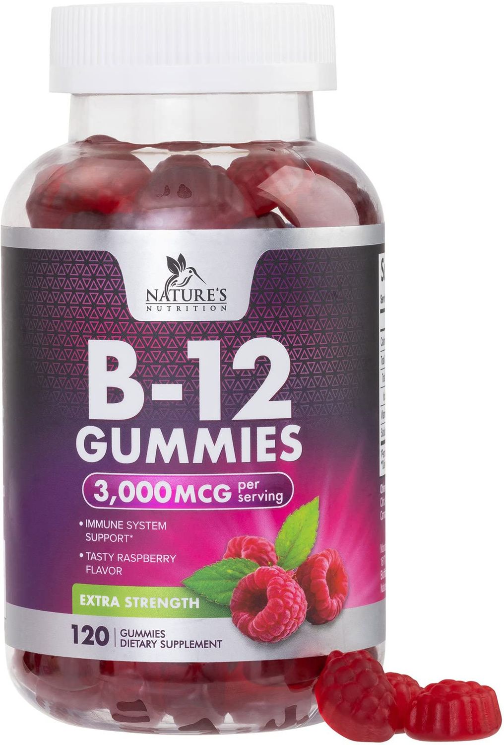 B12 Gummies, Extra Strength Energy 3000 mcg Vitamin B12, B-12 Energy Metabolism &amp; Immune System Support, Chewable Supplement for Adults &amp; Kids, Caffeine Free, Berry Flavored Gummy, Vegan - 120 Count