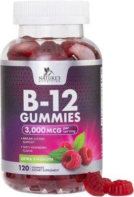 B12 Gummies, Extra Strength Energy 3000 mcg Vitamin B12, B-12 Energy Metabolism &amp; Immune System Support, Chewable Supplement for Adults &amp; Kids, Caffeine Free, Berry Flavored Gummy, Vegan - 120 Count