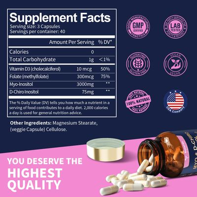 Totaria Inositol Supplement - 3075mg Myo-Inositol &amp; D-Chiro Inositol Capules Plus Vitamin D3, Folate, Ideal 40:1 Ratio - Hormonal Balance for Women &amp; Ovarian* Support | Vegan, Non GMO - 120 Caps