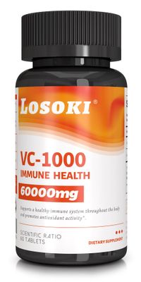 Losoki VC 1000 - High-Dose Vitamin C Supplements for Immune Support &amp; Antioxidant Protection - Buffered Formula with Rose HIPS Powder - 60 Tablet