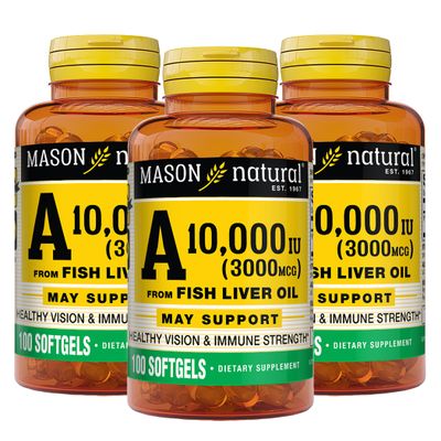MASON NATURAL Vitamin A 3,000 mcg 10000 IU from Fish Liver Oil, Promotes Healthy Vision, Supports a Healthy Immune System, Essential Nutrient, Softgels, Yellow, 100 Count, Pack of 3