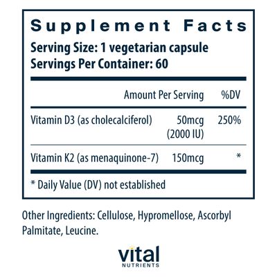 Vital Nutrients Vitamin D3 + K2 | 2000 IU | Vitamin D3 K2 Supplement | Vitamin D Complex for Healthy Calcium Levels, Muscle &amp; Bone Health | Gluten, Dairy, Soy Free | 60 Capsules