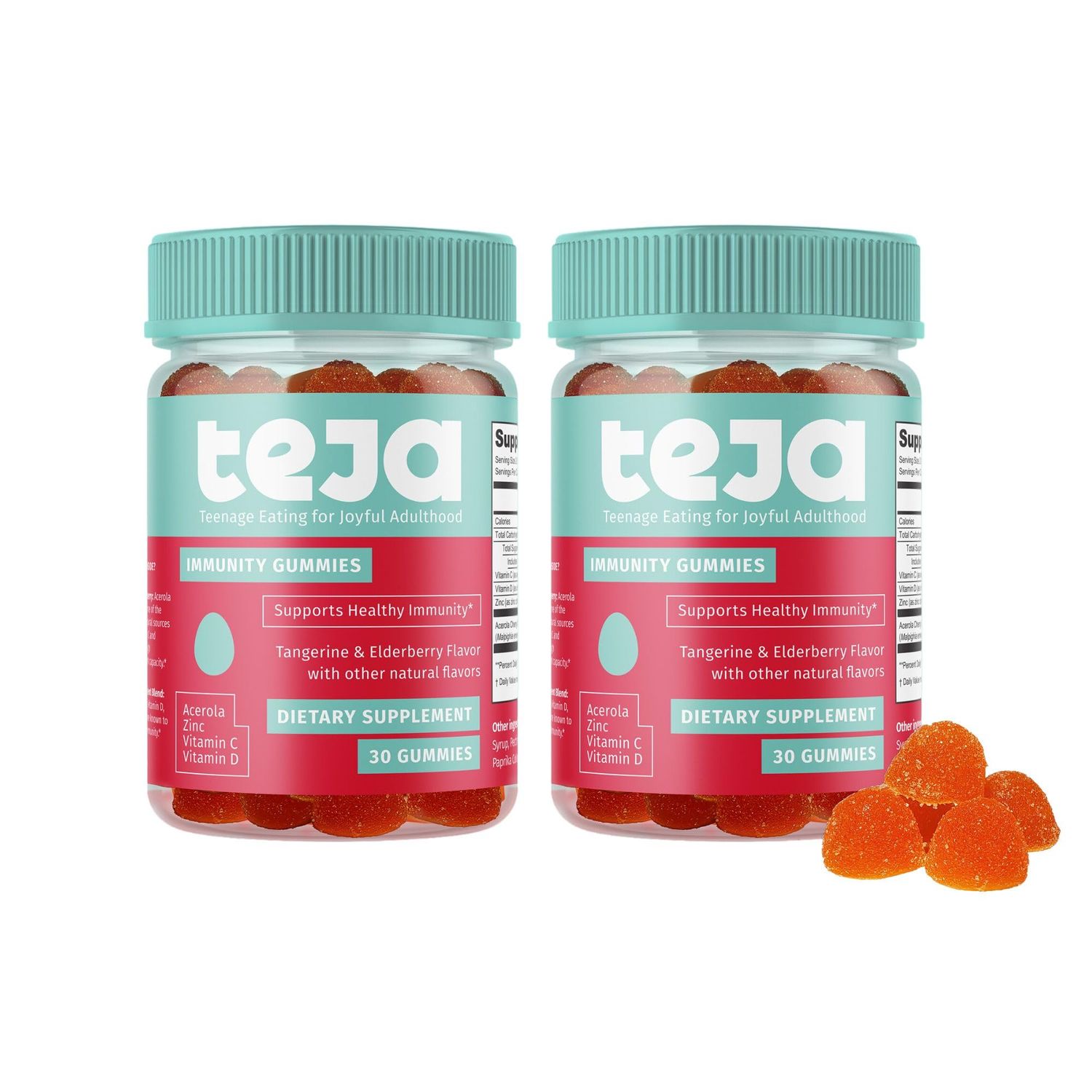TEJA Immunity Gummy Vitamins for Teens and Adults, Daily Immune Support, Vitamins C, D, Zinc, Low Sugar, Teen Health, 30 Gummies (2 Pack)