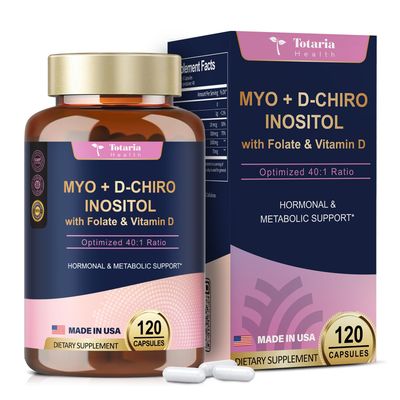Totaria Inositol Supplement - 3075mg Myo-Inositol &amp; D-Chiro Inositol Capules Plus Vitamin D3, Folate, Ideal 40:1 Ratio - Hormonal Balance for Women &amp; Ovarian* Support | Vegan, Non GMO - 120 Caps
