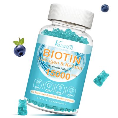 Hair Skin Nail Vitamins Gummies Supplement, 15000 mcg Biotin Gummies with Collagen Vitamin C Zinc for Women Men Muscle Joint &amp; Immunity - Blueberry Flavor, 60 Ct