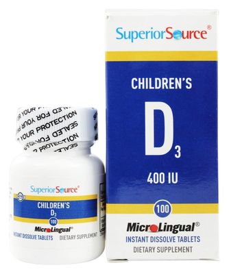 Superior Source Childrens Vitamin D3 400 IU, Under The Tongue Quick Dissolve MicroLingual Tablets, 100 Count, Promotes Strong Bones and Teeth, Immune Support, Healthy Muscle Function, Non-GMO