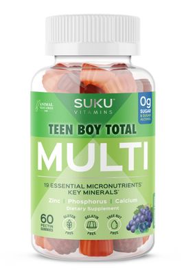 SUKU Vitamins Teen Boy Multivitamin - Sugar Free Vegetarian Gummy Supplement for Teen Boys 19 Essential Nutrients Strengthens Bones Muscles Enhances Energy Health - Blueberry Grape Flavor (60 Count)