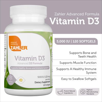 Zahler - Advanced Vitamin D3 5000 IU Softgels (120 Count) Kosher Vegetarian Friendly Vitamin D for Immune Support, Bone, Teeth &amp; Muscle Health - Daily D3 Vitamin Supplement for Adults - Easy Swallow V
