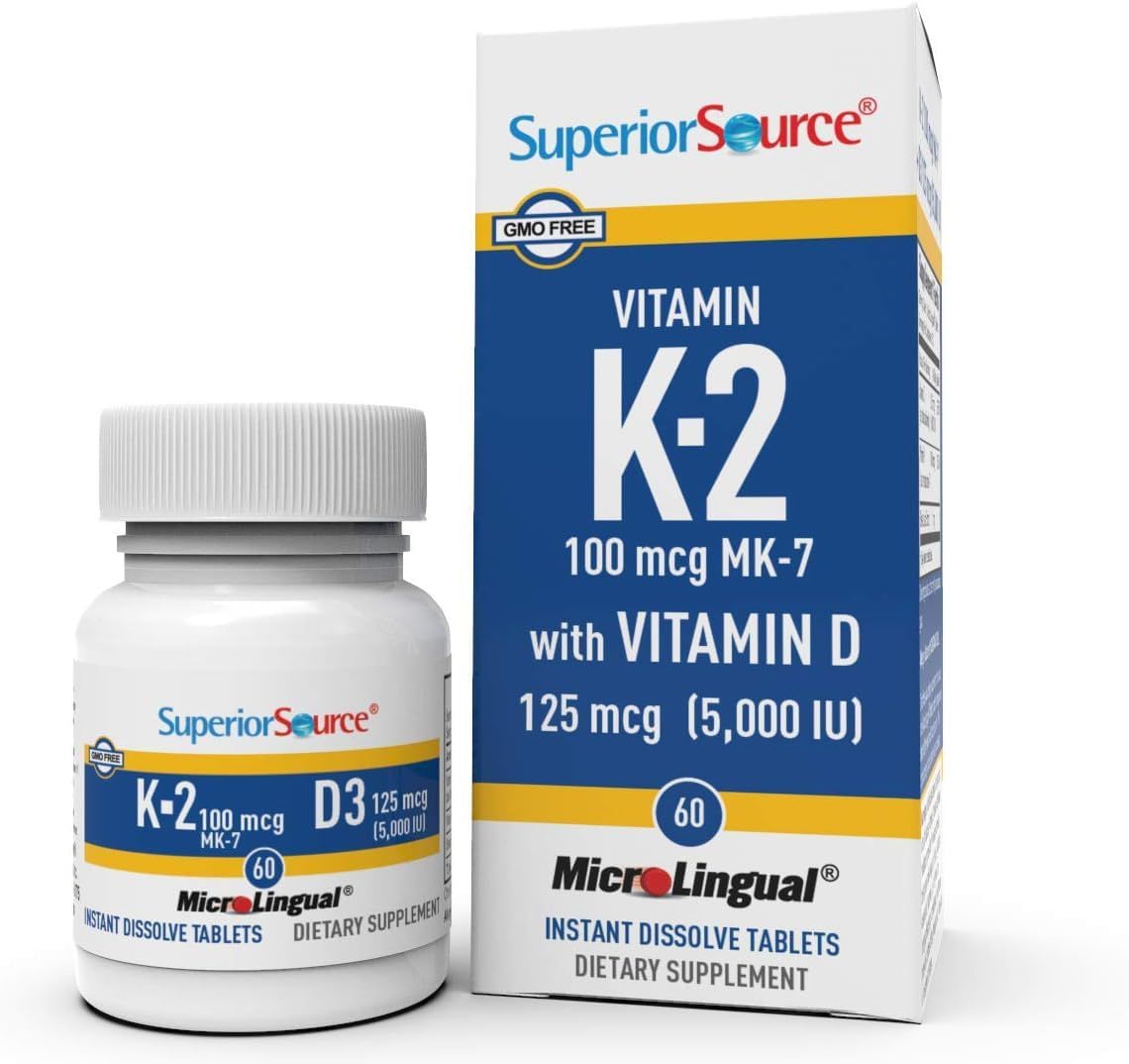 Superior Source K2 (MK-7) 100 mcg, with D3 (5000 IU) Supplement, Quick Dissolve MicroLingual Tablets, 60 Count, Strengthen Bones, Cardiovascular &amp; Immune System Support, Joint Health, Non-GMO