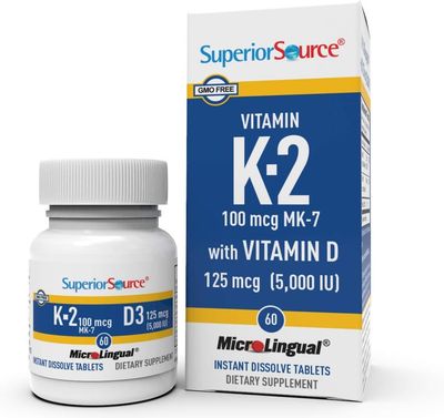 Superior Source K2 (MK-7) 100 mcg, with D3 (5000 IU) Supplement, Quick Dissolve MicroLingual Tablets, 60 Count, Strengthen Bones, Cardiovascular &amp; Immune System Support, Joint Health, Non-GMO