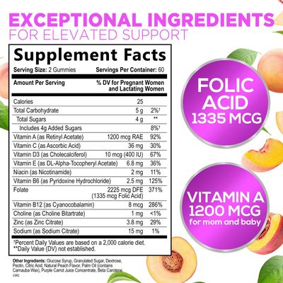 Prenatal Gummy with Folic Acid, Prenatal Vitamins and Minerals for Fetal Support, Vitamin A, C, D3, B12, B6 &amp; Folate, Prenatal Multivitamin for Pregnant &amp; Nursing Women - 120 Gummies, 60 Day Supply