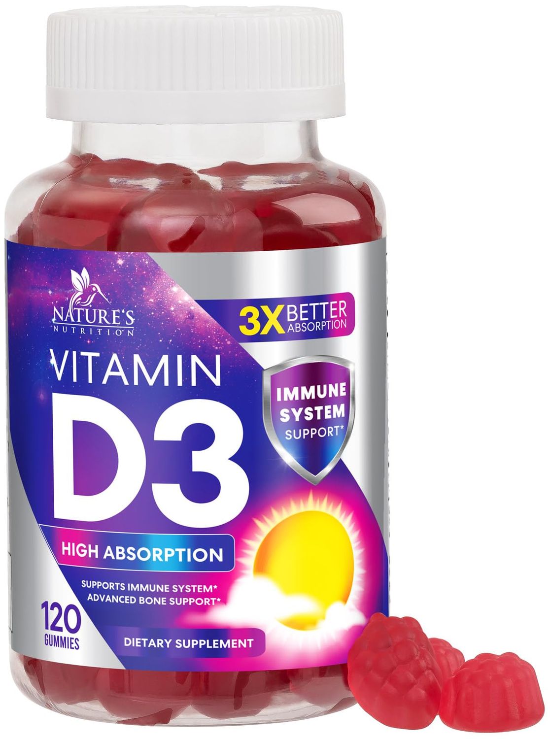Vitamin D3 Gummy Vitamins Extra Strength 5000 IU (125 mcg) High Potency Vita D Gummies Dietary Supplement - Bone, Teeth, Muscle &amp; Immune Support, Nature&#39;s Vitamin D Supplement, Non-GMO - 120 Gummies