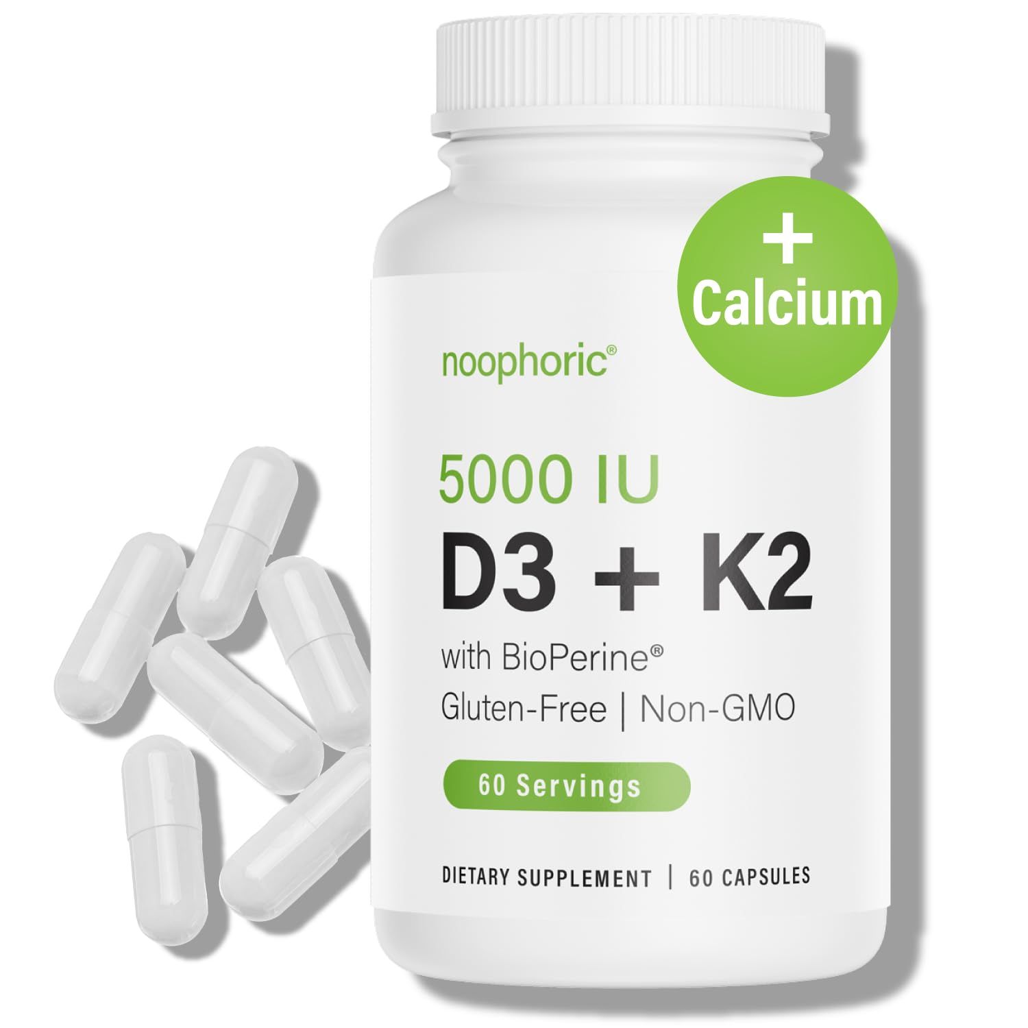 Noophoric D3 K2 Vitamin 5000 IU - Vitamin K2 100 mcg MK7, Calcium, BioPerine - Bone Health &amp; Immune Support Supplement - Gluten-Free, Non-GMO - Vitamin D3 K2 Supplement (60 Servings)