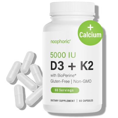Noophoric D3 K2 Vitamin 5000 IU - Vitamin K2 100 mcg MK7, Calcium, BioPerine - Bone Health &amp; Immune Support Supplement - Gluten-Free, Non-GMO - Vitamin D3 K2 Supplement (60 Servings)