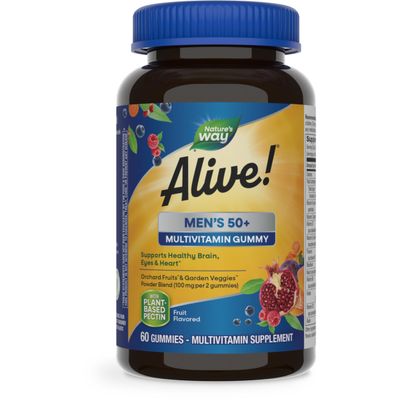 Nature&#39;s Way Alive! Mens 50+ Daily Gummy Multivitamins, Supports Healthy Brain, Eyes, Heart*, B-Vitamins, Gluten-Free, Vegetarian, Fruit Flavored, 60 Gummies (Packaging May Vary)