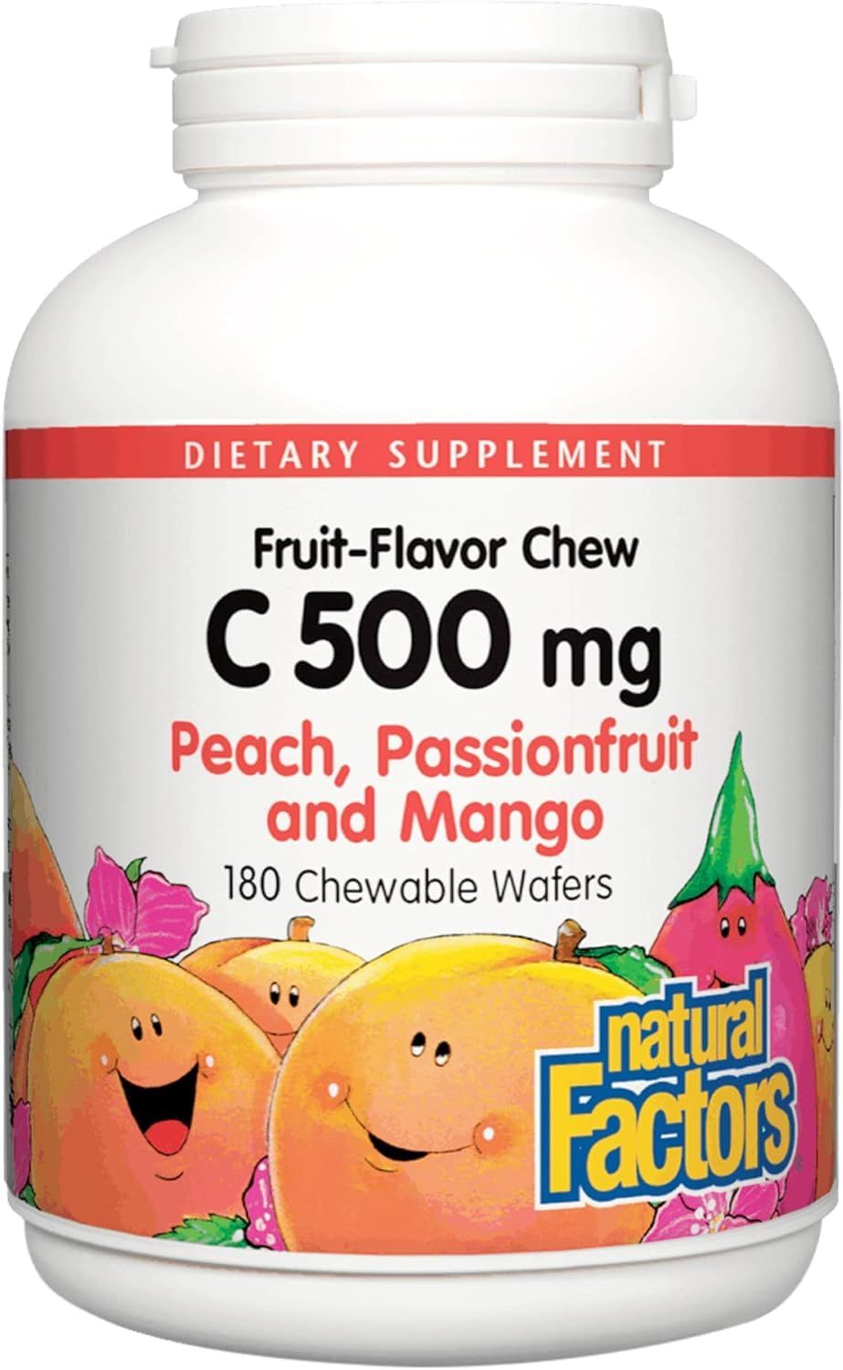 Natural Factors, Kids Chewable Vitamin C 500 mg, Supports Immune Health, Bones, Teeth and Gums, Peach, Passionfruit and Mango, 180 Wafers