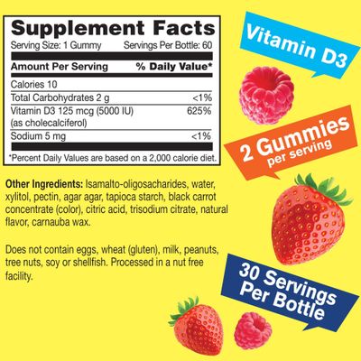 WellYeah Sugar Free Vitamin D3 5,000 IU (125mcg) Extra Strength Gummies - Immune Booster, Bone and Teeth Support - Non GMO, Gluten Free, Nut Free, Vegetarian - Natural Sourced Flavors - 60 Gummies (1)