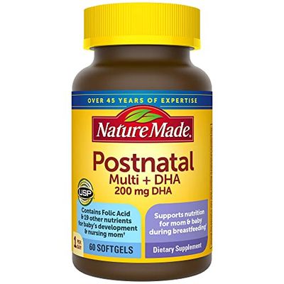 Nature Made Postnatal Multivitamin + DHA 200 mg, Postnatal Vitamins for Breastfeeding Moms &amp; Babies, Vitamins &amp; Nutrients Include Iron, Vitamin D3, Calcium, Iodine and More, 60 Softgels