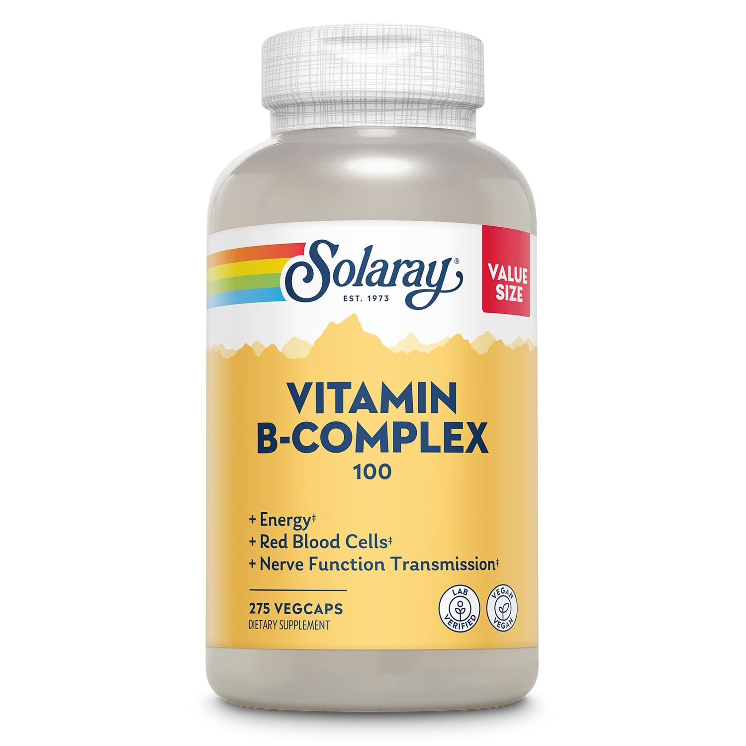 SOLARAY Vitamin B Complex 100 mg, Healthy Energy Supplement, Red Blood Cell Formation, Nerve &amp; Immune Support, Super B Complex Vitamins, Folic Acid, Vitamin B6, B12, Biotin, Vegan, 275 VegCaps