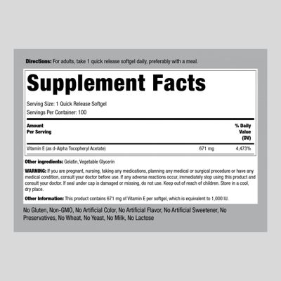 Piping Rock Vitamin E 1000 IU | 671mg | 100 Softgel Capsules | D-Alpha Tocopheryl Supplement | Non-GMO, Gluten Free