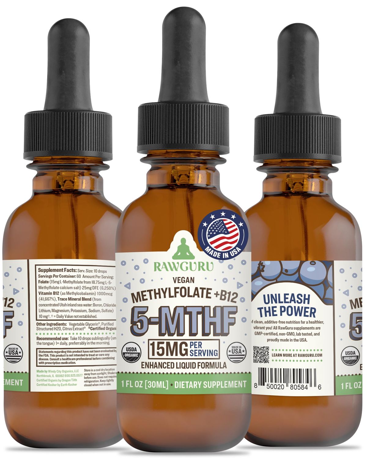 RawGuru L-Methylfolate 15 mg + Vitamin B12 - Organic Vegan Methylated B12 with Trace Minerals - Nano-Processed 5-MTHF Plus B12 Enhanced Liquid Formula - 300 Servings Vegan Drops per 30 ml, Pack of 1