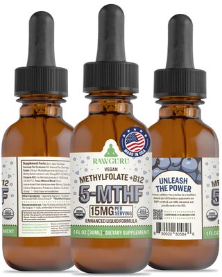 RawGuru L-Methylfolate 15 mg + Vitamin B12 - Organic Vegan Methylated B12 with Trace Minerals - Nano-Processed 5-MTHF Plus B12 Enhanced Liquid Formula - 300 Servings Vegan Drops per 30 ml, Pack of 1