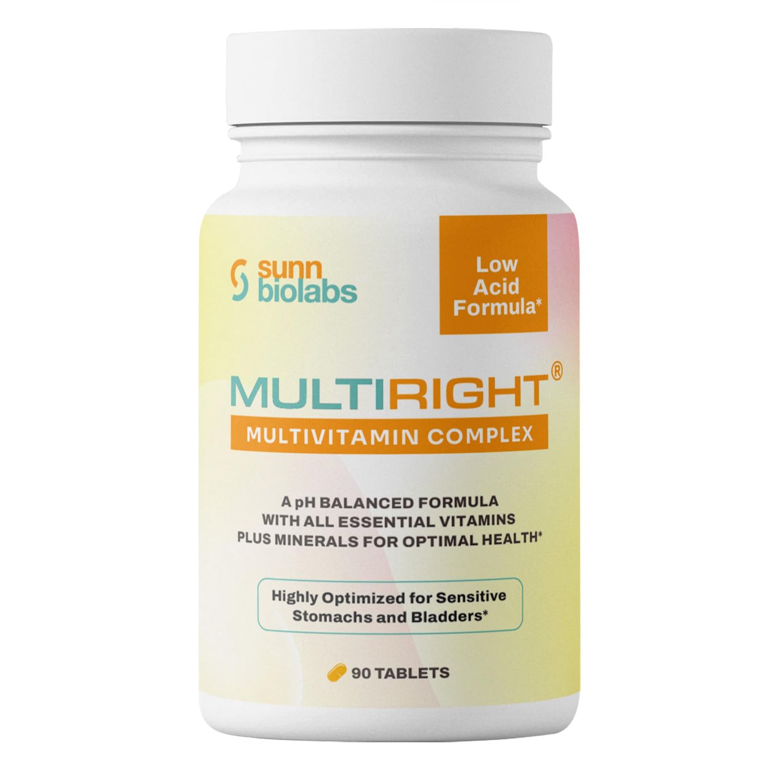 MULTIRIGHT | LOW ACID MULTIVITAMIN for Sensitive Stomachs, Bladders or IC | 14 Vitamins &amp; 14 Minerals | Bladder-Friendly, pH Balanced | Easy on Digestion-Less Acidic | Buffered Vitamin C | 90 Tablets