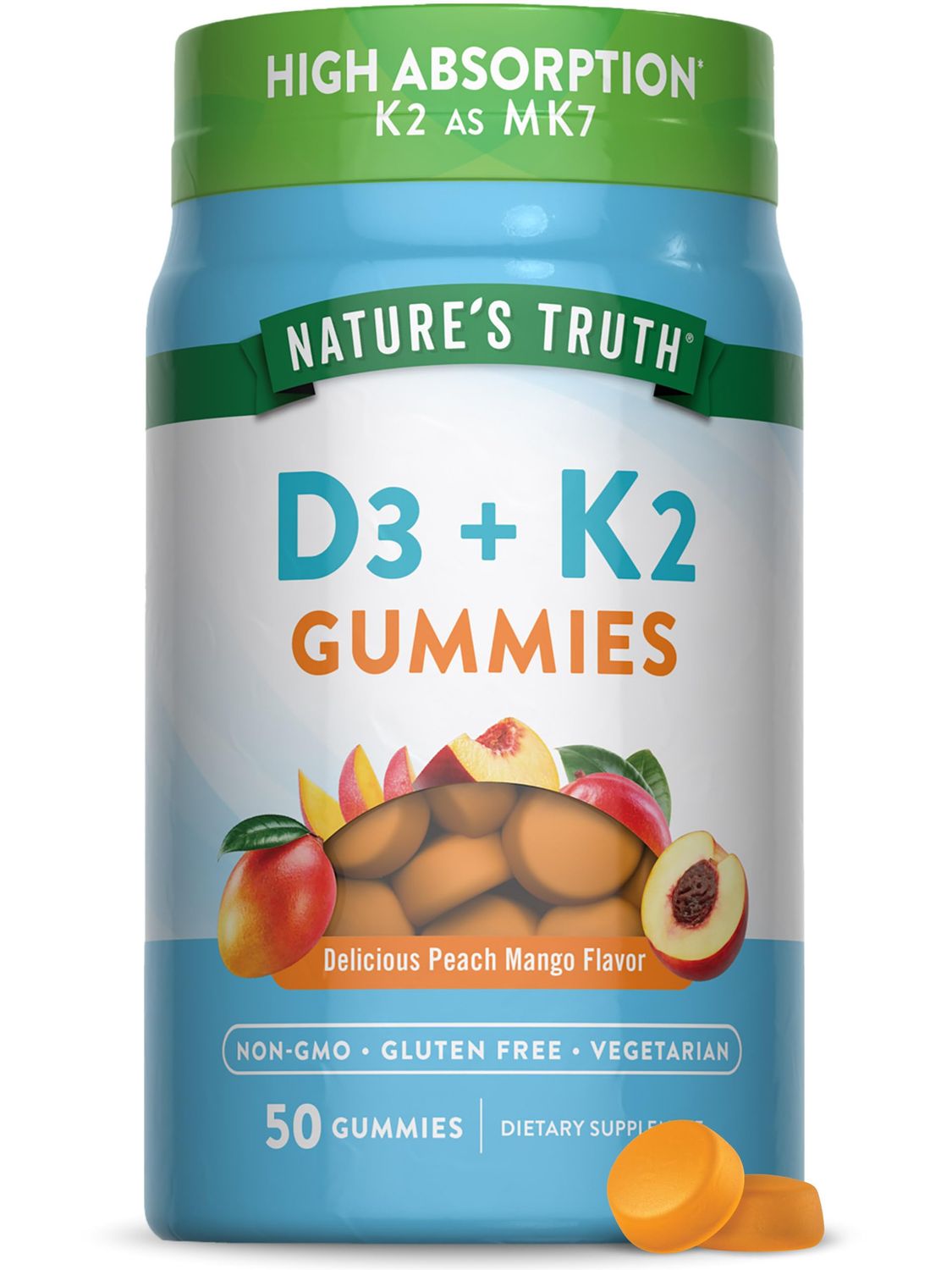 Nature&#39;s Truth Vitamin D3 + K2 Gummies | 50 Count | Peach Mango Flavor | Vegetarian, Non-GMO &amp; Gluten Free Supplement
