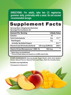 Nature's Truth Vitamin D3 + K2 Gummies | 50 Count | Peach Mango Flavor | Vegetarian, Non-GMO &amp; Gluten Free Supplement