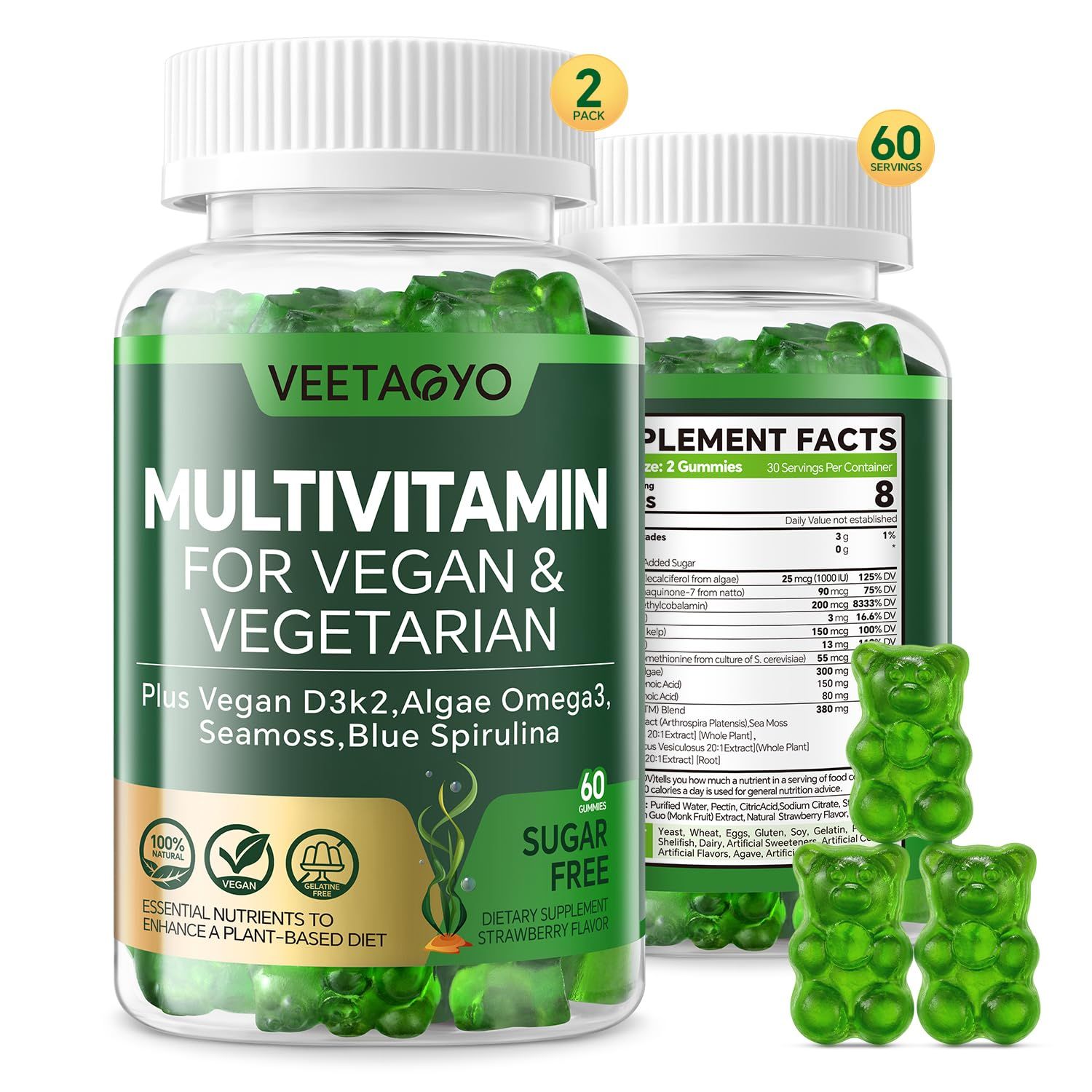 Vitamin D3 + K2-1000IU D3 90mcg K2 - Multivitamin for Vegetarian &amp; Adults w/Algae Omega-3,Iron,Methyl B12,Seamoss,Iodine for for Bone,Muscle,Energy,Immunity Support- Sugar Free,Gluten-Free,120 Count