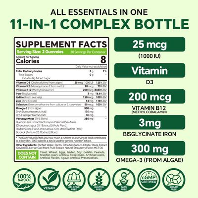 Vitamin D3 + K2-1000IU D3 90mcg K2 - Multivitamin for Vegetarian &amp; Adults w/Algae Omega-3,Iron,Methyl B12,Seamoss,Iodine for for Bone,Muscle,Energy,Immunity Support- Sugar Free,Gluten-Free,120 Count