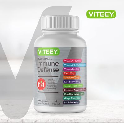 11 in 1 Multivitamin Immune Defense Supplement - Immune Booster Capsules with Vitamin D3, Vitamin B6, Echinacea, Turmeric, Rose-HIPS, Selenium, BioPerine, Ginger, Elderberry Vitamin C and Zinc