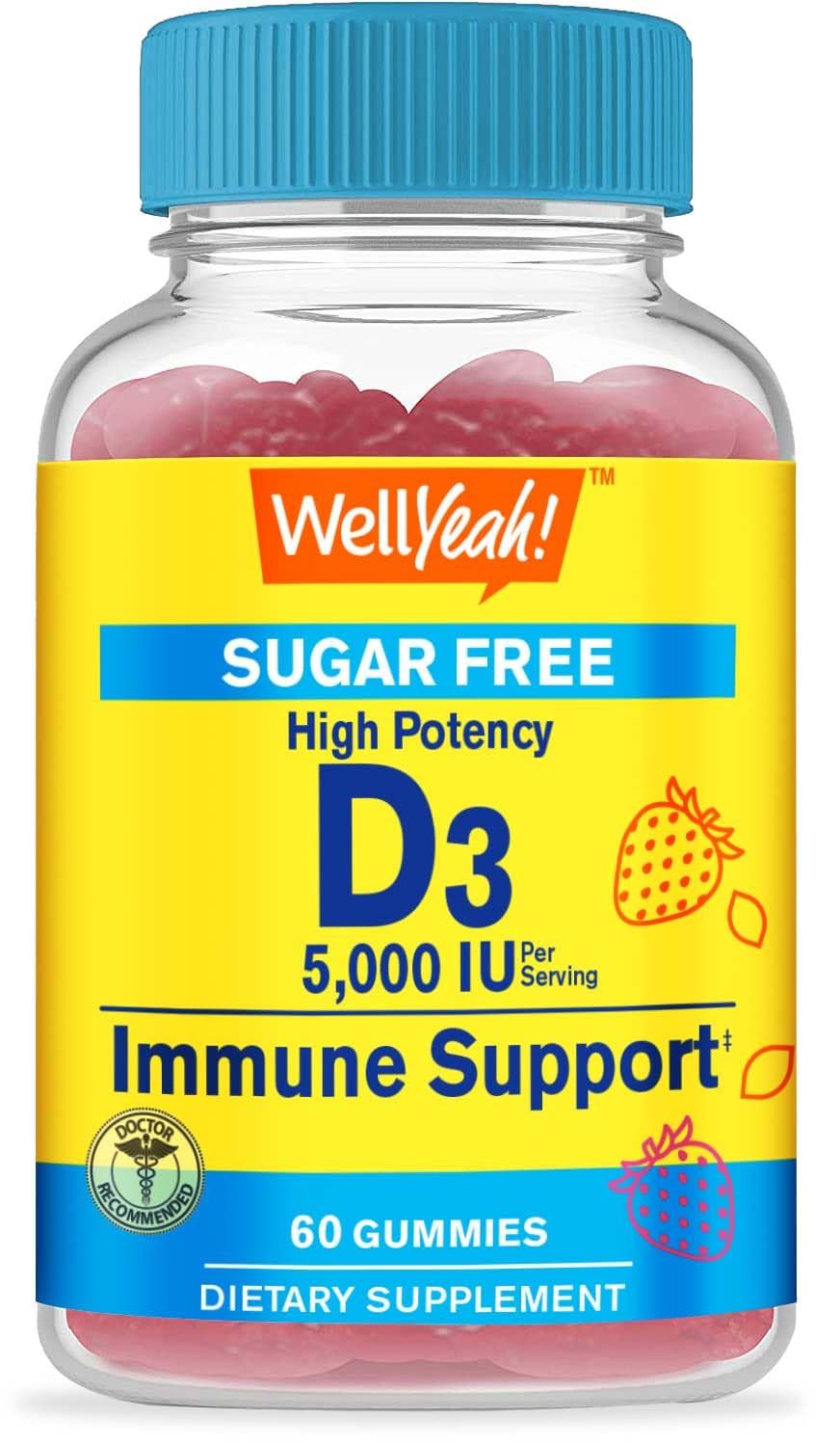 WellYeah Sugar Free Vitamin D3 5,000 IU (125mcg) Extra Strength Gummies - Immune Booster, Bone and Teeth Support - Non GMO, Gluten Free, Nut Free, Vegetarian - Natural Sourced Flavors - 60 Gummies (1)